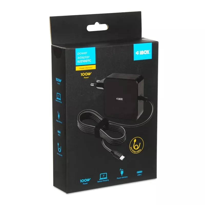 iBOX IUZ100TC universalus nešiojamojo kompiuterio maitinimo adapteris, USB-C Power Delivery 100 W, E-mark lustas