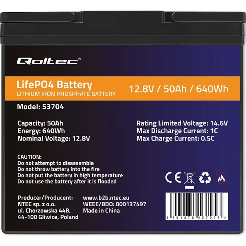 LiFePO4 akumuliatorius QOLTEC 12.8V 50Ah (model 53704) atsarginiam maitinimui ir energijos kaupimui