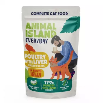 Šlapias kačių ėdalas animal island Everyday – Veršiena ir paukštiena su kepenėlėmis, 4 x 85 g paketėliai, 9,5 % baltymų, 83 % drėgmės
