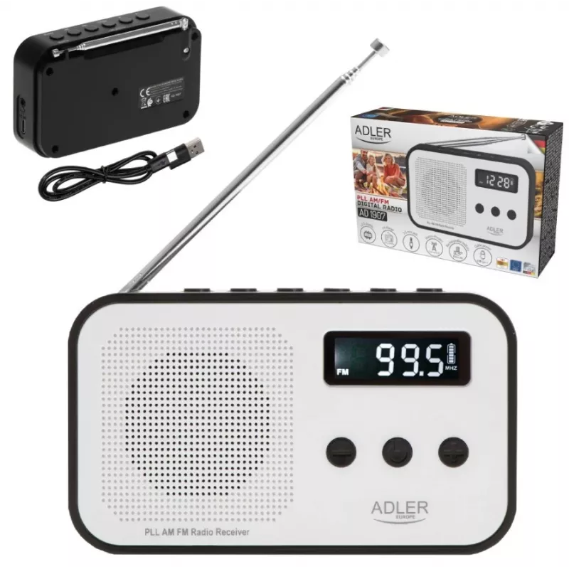 Nešiojamas skaitmeninis radijas Adler AD 1907 – AM/FM, skaitmeninis imtuvas, žadintuvas, USB-C, 600 mAh baterija, LCD, 20 išankstinių stočių, teleskopinė antena