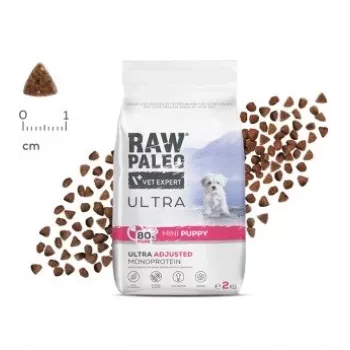 Sausas šunų ėdalas VETEXPERT RAW PALEO Ultra Mini Puppy Pork 2 kg – visavertis pašaras žaislinių ir mažų veislių šuniukams, 33% baltymų, 19% riebalų