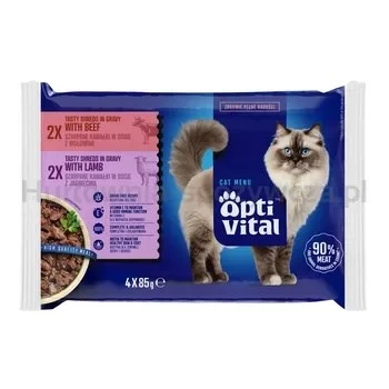 OptiVital saszetės - visavertis ėdalas suaugusioms katėms. Su ėriena ir jautiena 4x85g