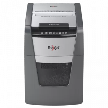 Popieriaus smulkintuvas REXEL Optimum AutoFeed+ 100X – 100 lapų automatinis padavimas, kryžminis pjovimas 4×28 mm, 34 L krepšelis, aliuminis