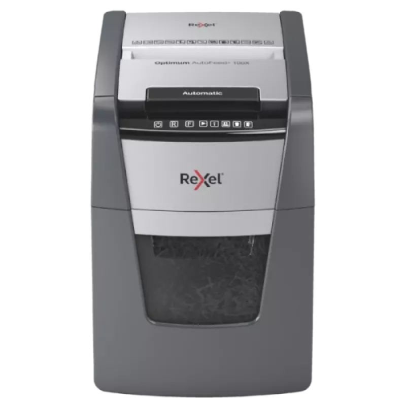 Popieriaus smulkintuvas REXEL Optimum AutoFeed+ 100X – 100 lapų automatinis padavimas, kryžminis pjovimas 4×28 mm, 34 L krepšelis, aliuminis
