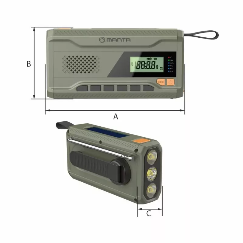 Nešiojamas FM radijas MANTA RDI401G su saulės baterija, dinaminiu sukimu, 4000–4500 mAh akumuliatoriumi, 5V USB išėjimu, 3W, žibintuvėliu