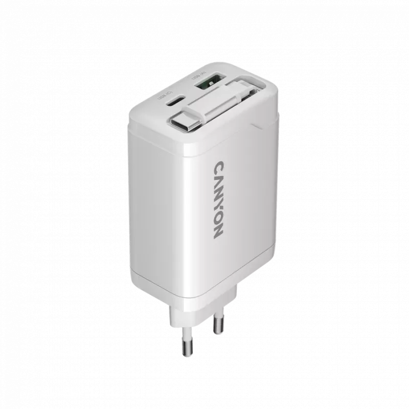 CANYON įkroviklis OnCharge 65RC su integruotu USB-C laidu 65W, 1x PD, 1x QC, EU kištukas, baltas