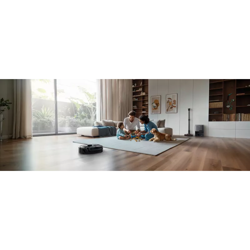 Robotas dulkių siurblys Eufy E20 Black – apvalus, su dulkėms surinkimo baze, 150 min veikimo laikas, 35 cm skersmuo