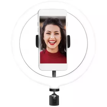 LogiLink AA0151 LED žiedinė lempa išmaniesiems telefonams, Ø 200 mm, 3 šviesos spalvos režimai, reguliuojamas ryškumas, 1/4 colio stovo sriegis, su telefono laikikliu, USB, 1,8 m laidas, juodos spalvos