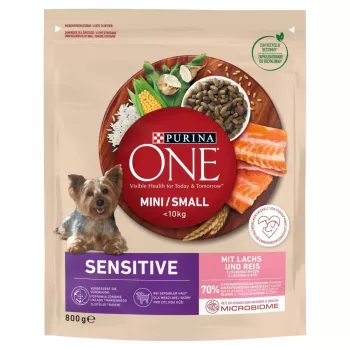 Sausas šunų maistas Purina Nestlé One Mini/Small Sensitive Salmon & Rice 800 g – mažoms veislėms (5–10 kg), senjorams, 27% baltymų, 17% riebalų