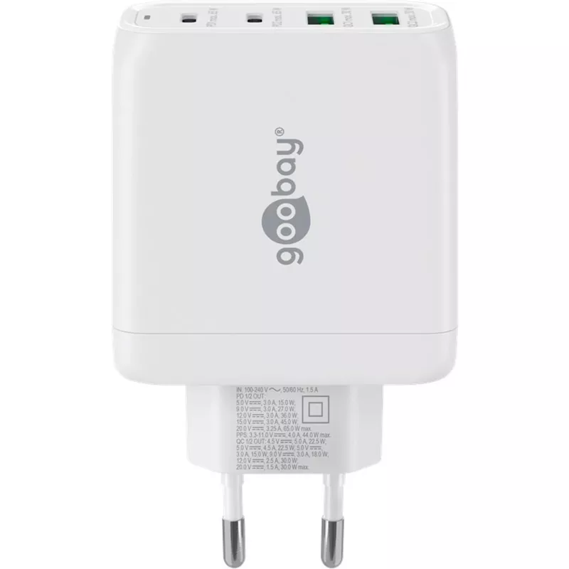 Goobay 64818 Įkroviklis mobiliesiems įrenginiams, ausinėms, nešiojamam kompiuteriui, išmaniesiems telefonams, baltas, AC greitasis įkrovimas, vidaus naudojimui (64818)