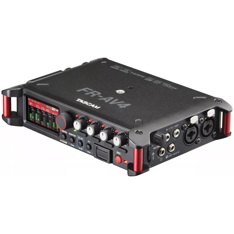 Nešiojamas garso įrašymo įrenginys Tascam FR-AV4 — 6 kanalų, 4 XLR combo + 2x 3,5 mm, 24/32 bitų, 48/96/192 kHz, „MicroSD“ iki 512 GB, USB-C, PD