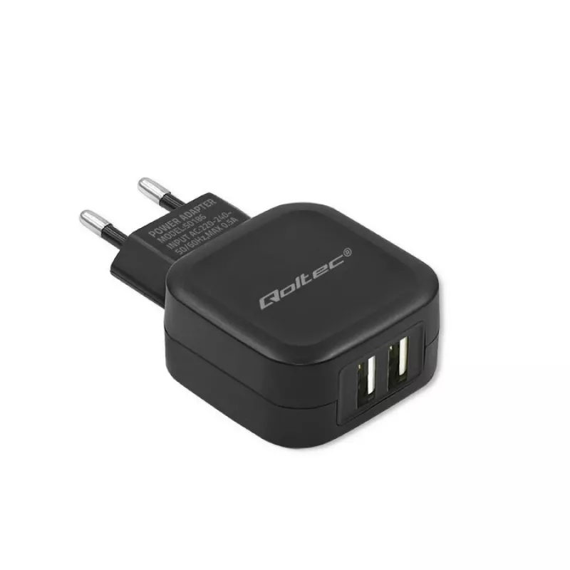 AC sieninis įkroviklis QOLTEC 50186 išmaniajam telefonui ir planšetei, 5 V 3,4 A, 17 W, 2× USB, juodas