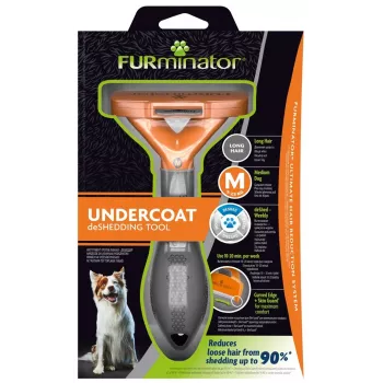 Iššukavimo įrankis FURminator M ilgaplaukiams šunims, nerūdijančio plieno kraštas, dydis M (vidutinės veislės 10–25 kg)