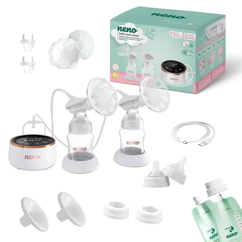 Elektrinis dvipusis pientraukis neno Bella Twin Moon – belaidis, dviejų fazių, LCD, 150 ml buteliukai, perlų spalvos