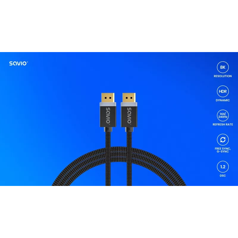 DisplayPort kabelis SAVIO CL-166 2 m Juodas — DisplayPort 1.4, kištukas-kištukas, paauksuoti kontaktai