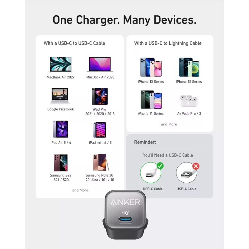 Vidinis AC įkroviklis Anker 511 Nano 3 — 30W, 1× USB-C, 100–240V, juodas