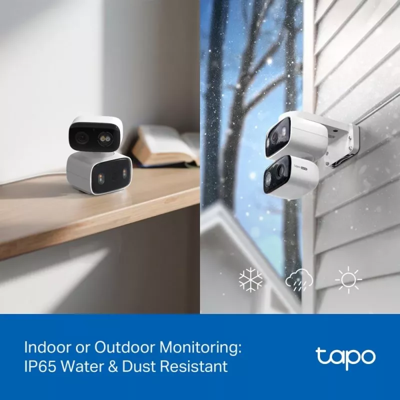 IP apsaugos kamera TP-LINK Tapo C246D — 3MP (2304×1296), 2,8 mm, 107,8° FOV, PTZ dviejų objektyvų, IP65, Wi-Fi/Gigabit, microSD iki 512 GB