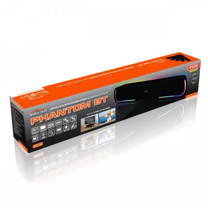 Garsiakalbiai MEDIA-TECH Phantom MT3180 soundbar 450W RMS, 80W baterija, Bluetooth, laidinis ir belaidis, juoda