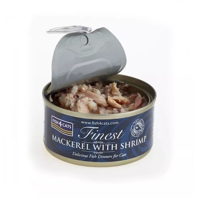 Šlapias kačių ėdalas FISH4DOGS Skumbrė su krevetėmis 70 g – suaugusioms katėms, žuvies skonio, skardinė, be glitimo