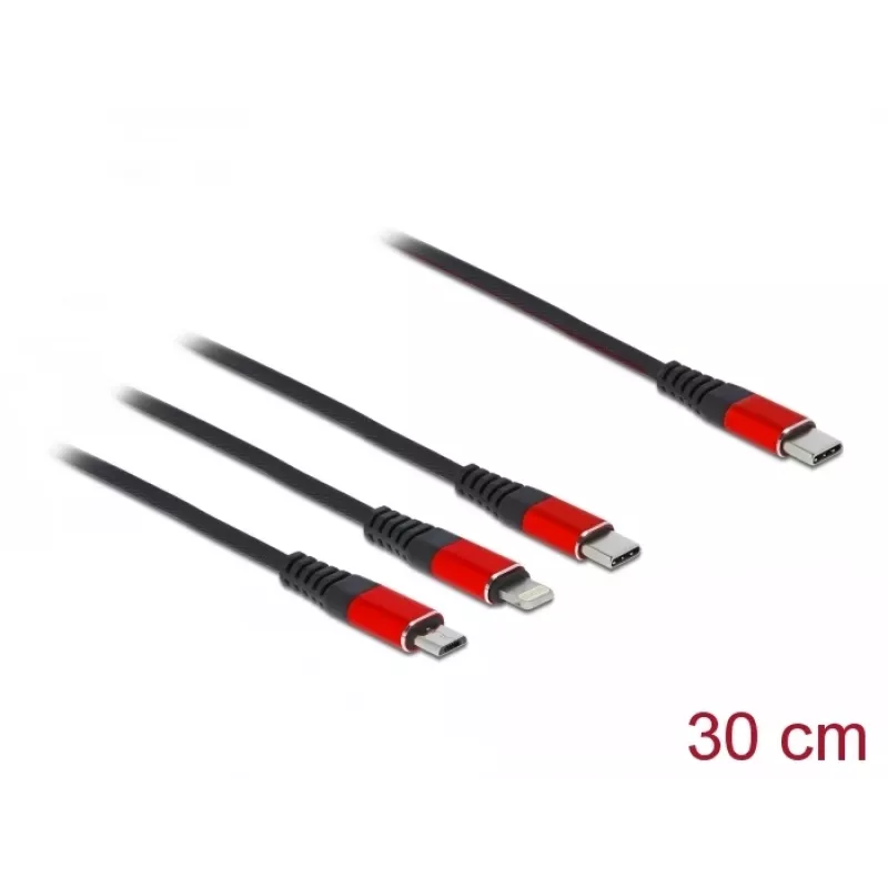 USB įkrovimo laidas DeLOCK 86710 3 in 1 USB Type-C / Lightning / Micro USB 30 cm juodas raudonas