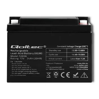 Qoltec 53036 AGM baterija | 12V | 24Ah | max 360A