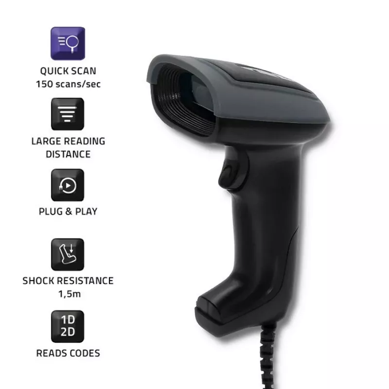 Rankinis brūkšninių kodų skaitytuvas QOLTEC 50863 – 1D/2D skaitytuvas, USB laidinis, LED jutiklis, juodas, 5V, 1,8 m laidas