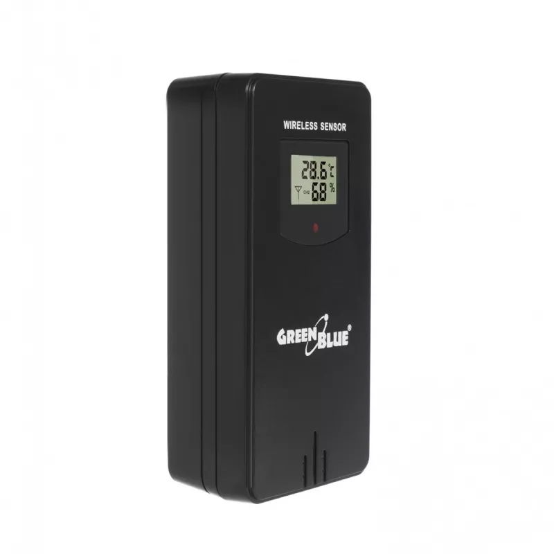 Hygrometras Termometras GreenBlue GB540 – vidaus 0–50 °C / lauko -20–65 °C, DCF laikrodis, lauko jutiklis 60 m, juodas