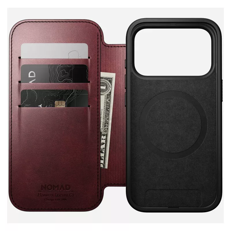 Mobiliojo telefono dėklas Nomad Modern Leather Folio, skirtas Apple iPhone 17 Pro, 6,3 colio (16 cm), odinis, bordo spalvos