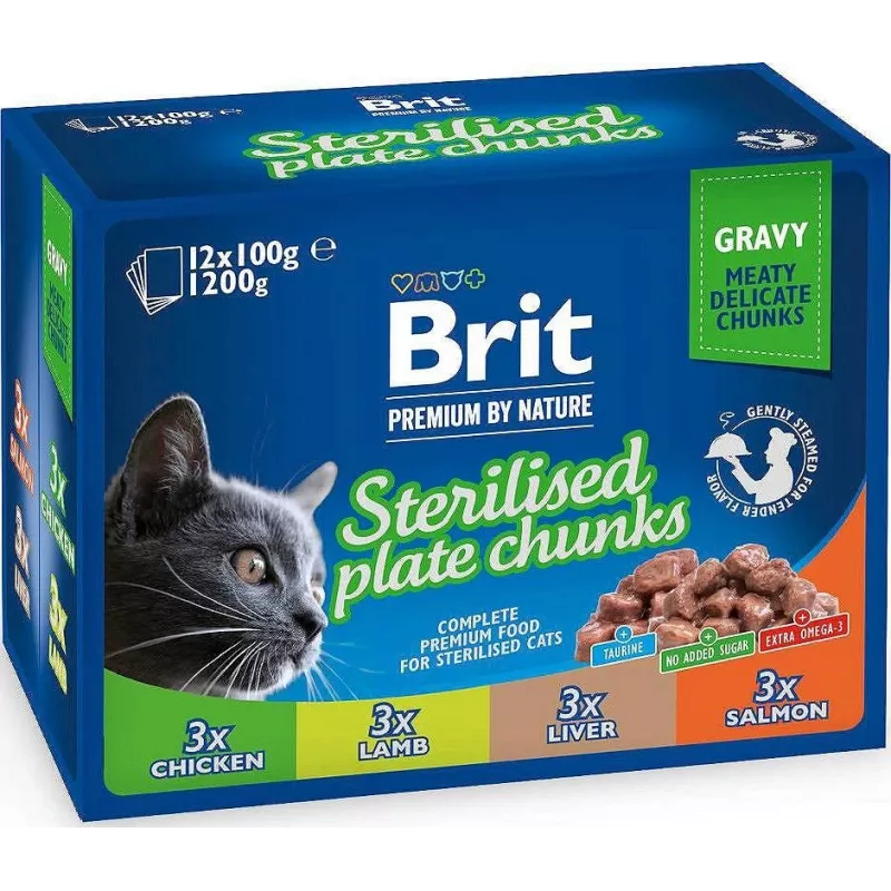 BRIT Premium Cat Sterilised Plate – šlapias kačių ėdalas – 12x100g