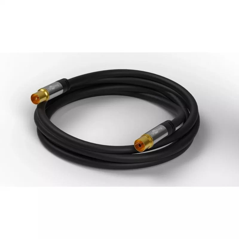 Goobay TV antenos laidas (135 dB tipas), 4x ekranuotas, 2 m, juodas – auksuotas, Koax lizdas > Koax kištukas (70367)