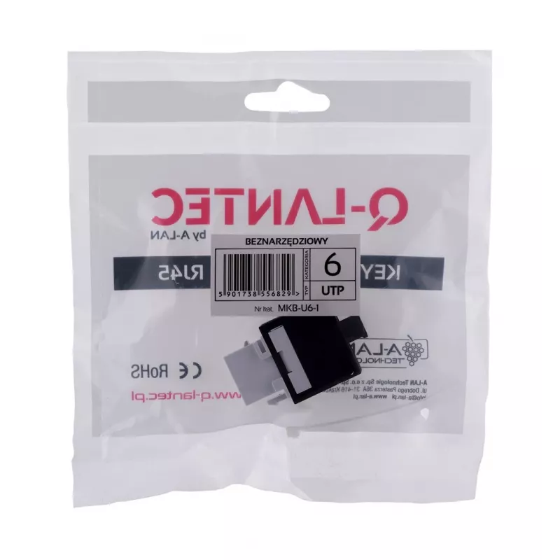 Keystone lizdas A-LAN MKB-U6-1 — RJ45 U/UTP Cat6, 22/26 AWG, juodas/baltas ABS korpusas
