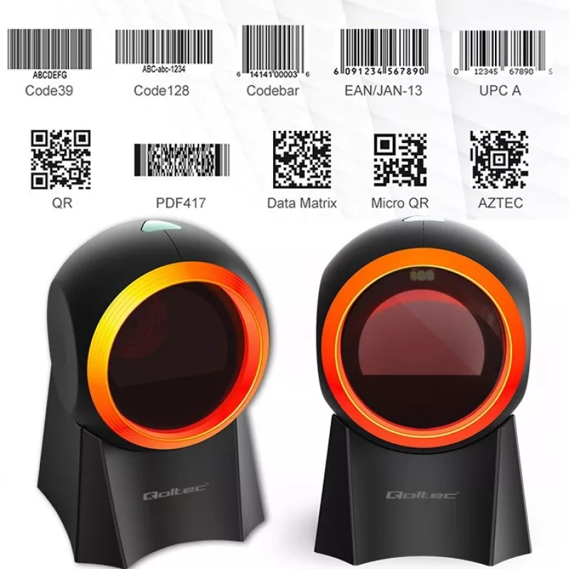 Qoltec 50857 laidinis stacionarus brūkšninių kodų skaitytuvas, 1D/2D, QR, USB, 1,75 m laidas