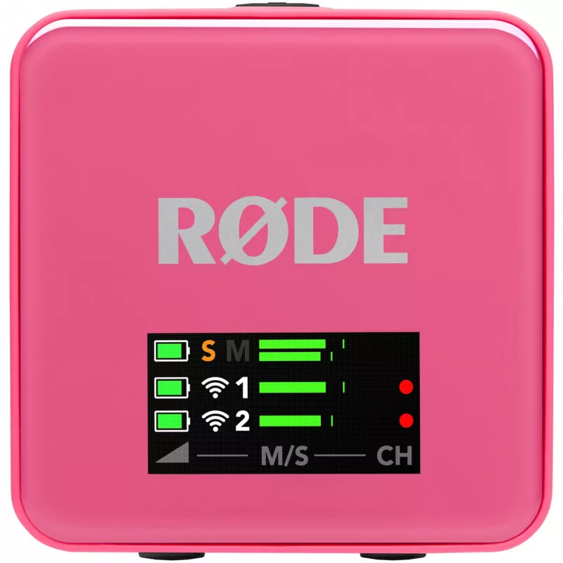 Belaidis mikrofonas RODE Wireless GO III Pink – kompaktiška dviejų kanalų siųstuvų ir imtuvo sistema