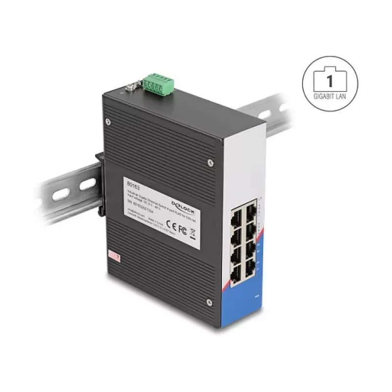 Pramoninis 8 prievadų Gigabit Ethernet jungiklis DELOCK 80163, nemodifikuojamas, metalinis korpusas