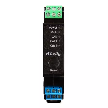 Shelly Pro 2PM – 2 kanalų išmanioji relė su energijos matavimu, 25A, Wi-Fi, LAN ir Bluetooth