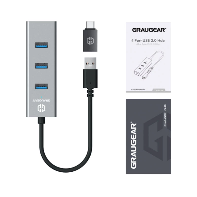USB 3.2 Gen 1 šakotuvas GRAUGEAR G-HUB4-AC, 4× USB-A, 5 Gbit/s, aliuminis