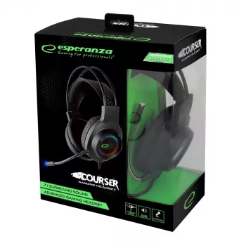 Ausinės ESPERANZA EGH7100 – žaidimų ausinės su mikrofonu, USB 2.0, 1,5 m laidas, RGB, 32 Ω, 4 cm tvarkyklės, 269 g