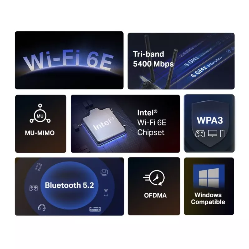 Mercusys AXE5400 Wi-Fi 6E Bluetooth 5.2 PCIe adapteris