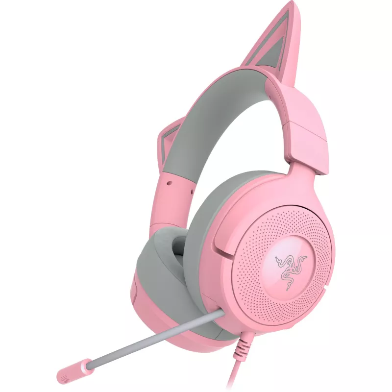 Ausinės Razer Kraken Kitty V3 X — laidinės USB Type-A, uždengiančios ausis, 20–28 kHz, 1,3 m laidas, rožinės