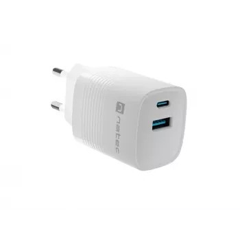 Pridėtinis mobiliojo įrenginio įkroviklis NATEC NUC-2140, 30W, USB-C PD 3.0 + USB-A, Samsung AFC, Baltas