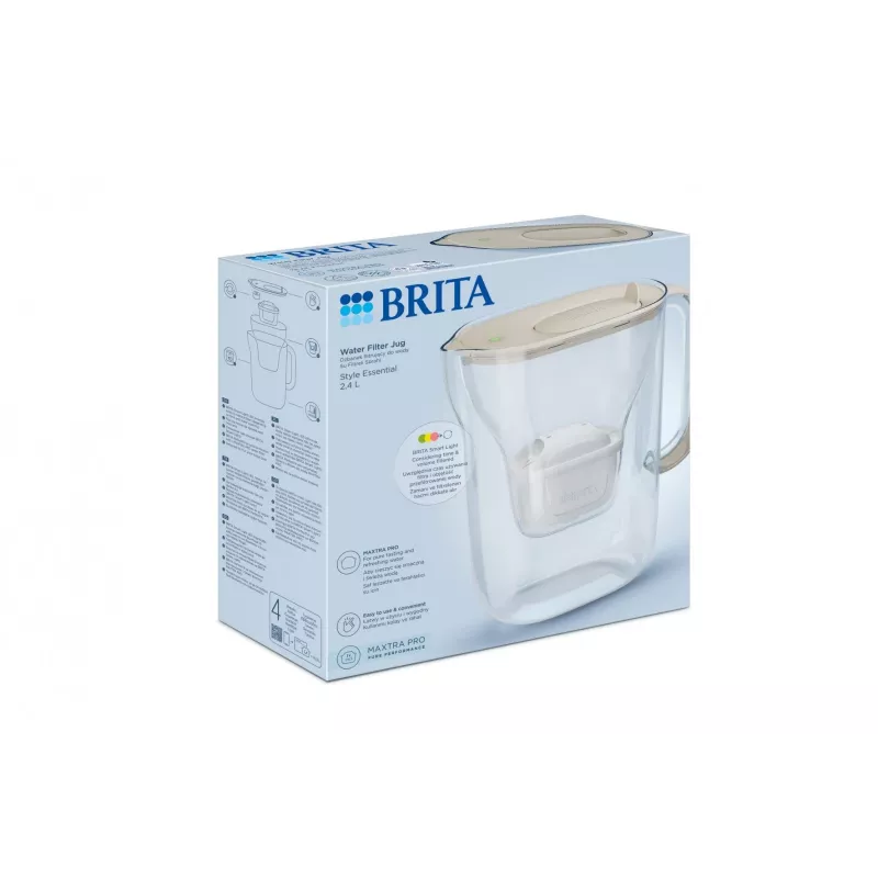 Vandens filtro ąsotis BRITA Style Essential, 2,4 l talpa (1,4 l filtruoto vandens), MAXTRA, atverčiamas dangtelis, smėlio spalvos