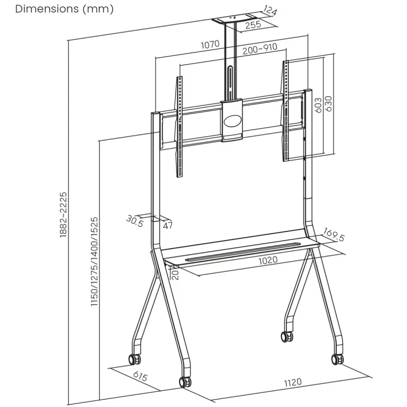 Pertvarkomas TV stovas MACLEAN MC-114 B grindinis mobilus stovas 55–100 colių ekranams, max apkrova 120 kg, VESA 200x200–900x600, aukštis 115–152 cm, juodas, lentyna