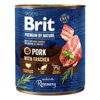 Šlapias šunų ėdalas Brit Premium by Nature Kiauliena su Trachėja 800 g, suaugusiems šunims, skardinė, 78% drėgmės