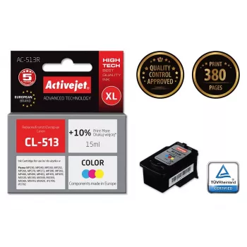Kasetė rašalinė ActiveJet AC-513R suderinama su Canon CL-513, 15 ml dažų, XL didelės išeigos, spalvota (C/M/Y), atnaujinta premium