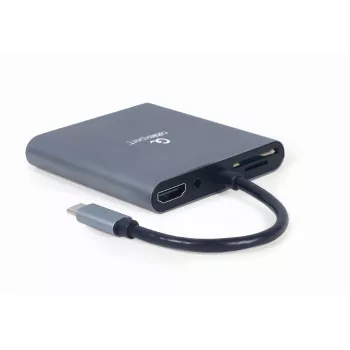 Gembird A-CM-COMBO6-01 USB-C 6-in-1 adapteris, USB 3.1 Gen 1, HDMI 4K, VGA, PD 60 W, SD/microSD kortelių skaitytuvas, 3,5 mm garso išėjimas, pilkas