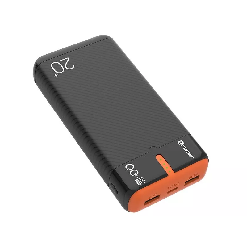 Nešiojamas įkroviklis TRACER EnerGen 20000 mAh, Power Delivery 20W, USB-C įvestis, 2×USB-A išėjimai, 3 įrenginių palaikymas, oranžinė