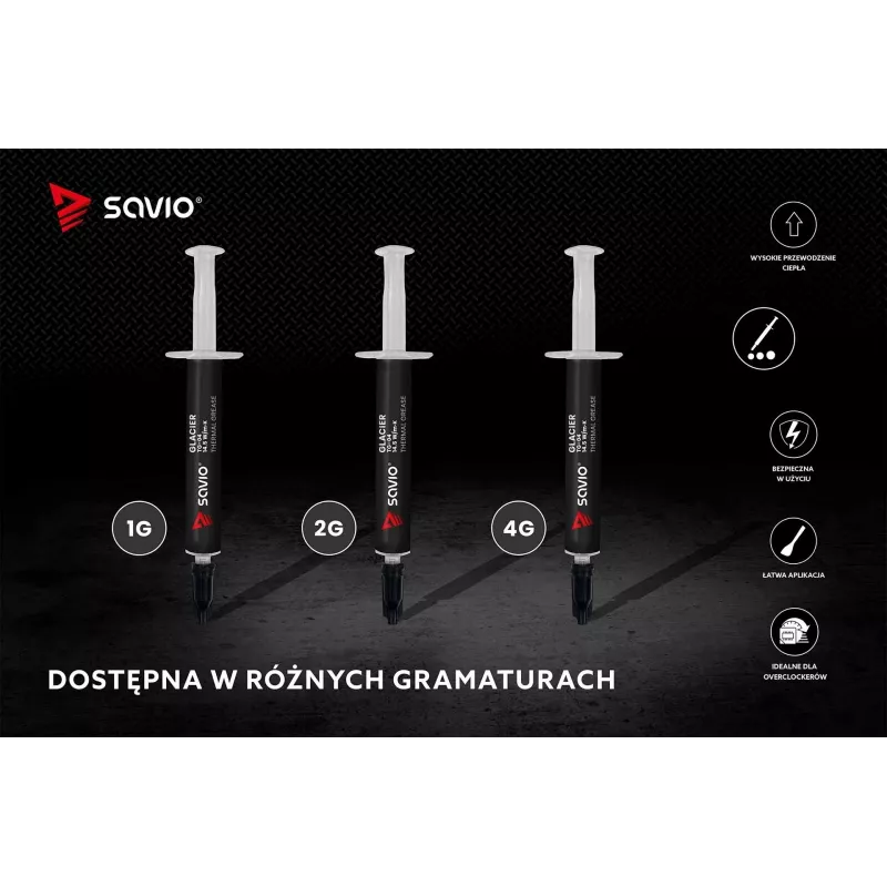 Termopasta SAVIO TG-04 4 g — šilumos laidumas 14.5 W/m·K, darbinė temperatūra nuo -250 iki 300 °C, pilka