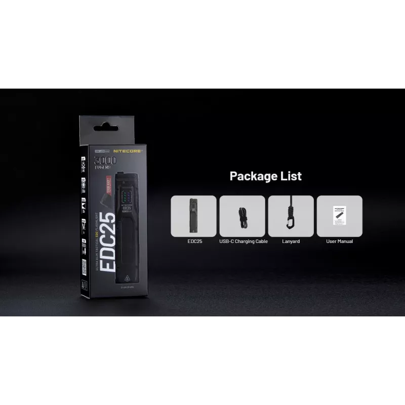 Taktinis žibintuvėlis Nitecore EDC25 — dvigubas LED, 15 lm, aliumininis korpusas, įkraunamas per USB, IP54, atsparus smūgiams, juodas