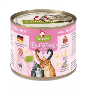 Šlapias ėdalas katėms Fox4Pets DeliCATessen lašiša su jūros gėrybėmis 200 g skardinė, pilnavertis suaugusių kačių racionas, 10,2% baltymų, 5,5% riebalų, 80% drėgmės