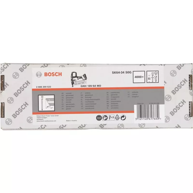 Apdailos vinys Bosch SK64-34 34° 1,8 mm (15 ga) 4000 vnt. – pneumatiniams ir belaidžiams viniakaliams